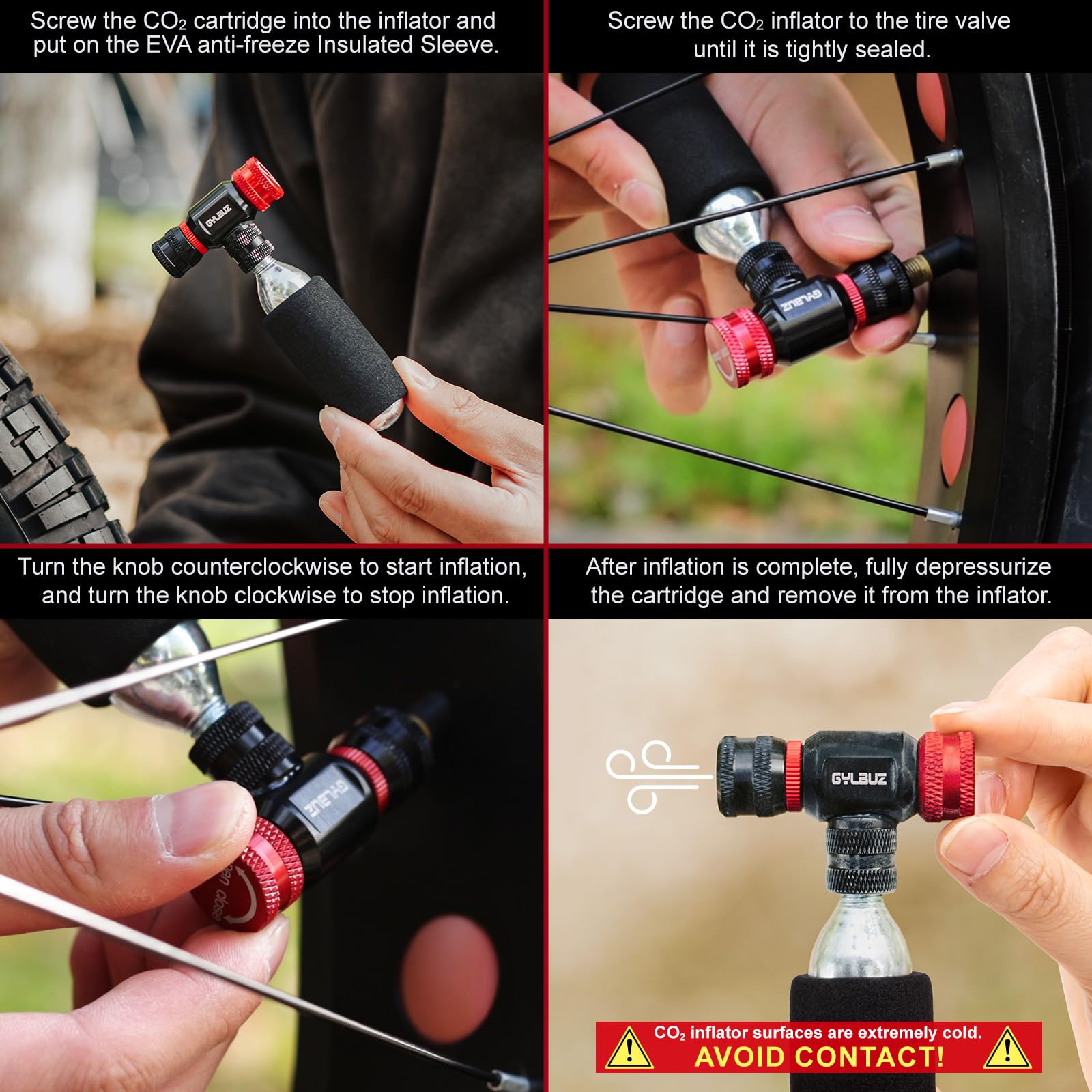 Gonfiatore di CO2 con 6 cartucce di CO2 da 16 g, compatibile con valvole Presta e Schrader, pompa portatile per pneumatici da bici con manicotto isolato, per bici da strada e mountain bike