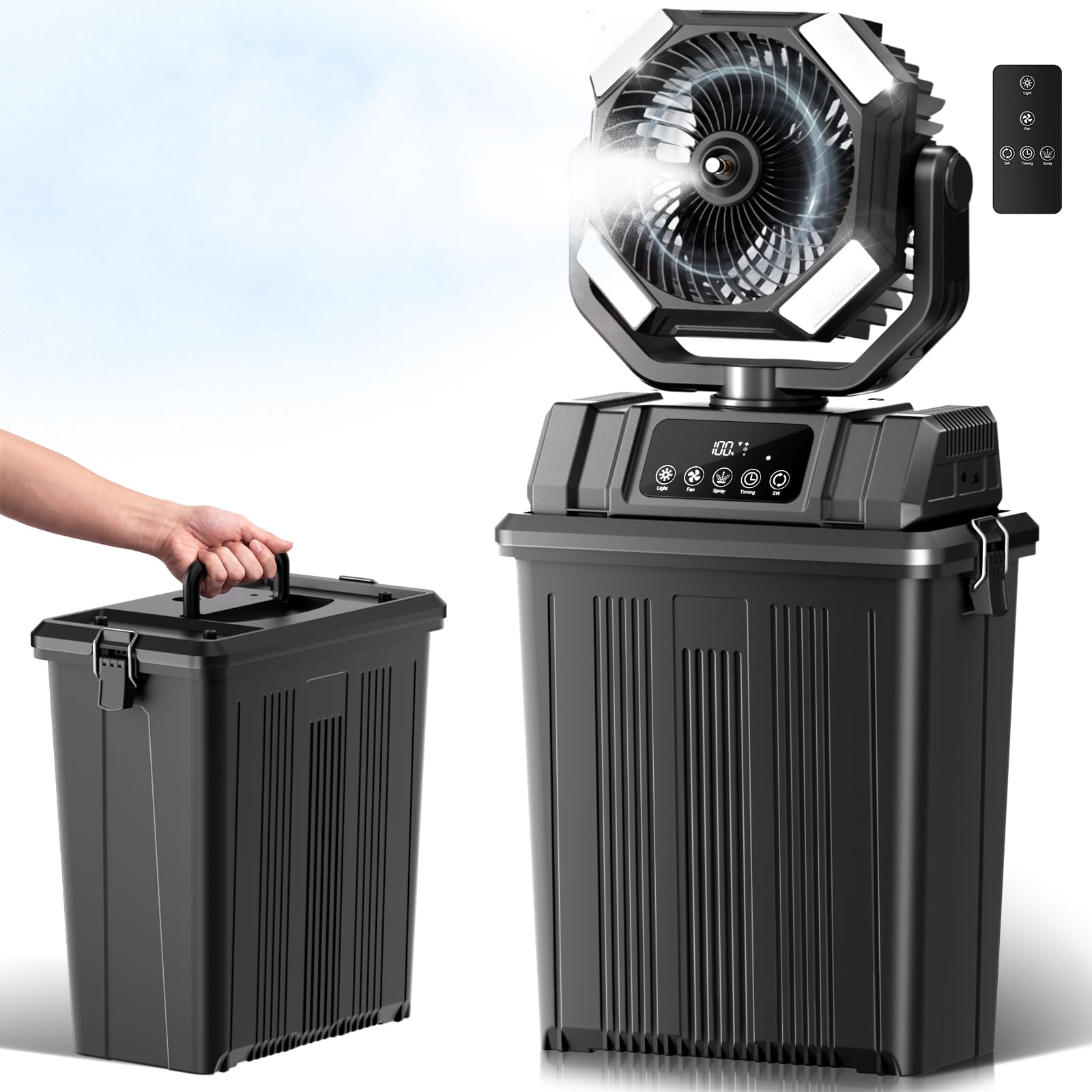 Photo 1 of Etholzon 40000mAh Misting Fans for Outside, 15L Large Tank Portable Misting Fan, Battery Powered Outdoor Mister Fan with Remote & LED Light, Wide 270° Coverage for Camping Patio Backyard (Deep black)