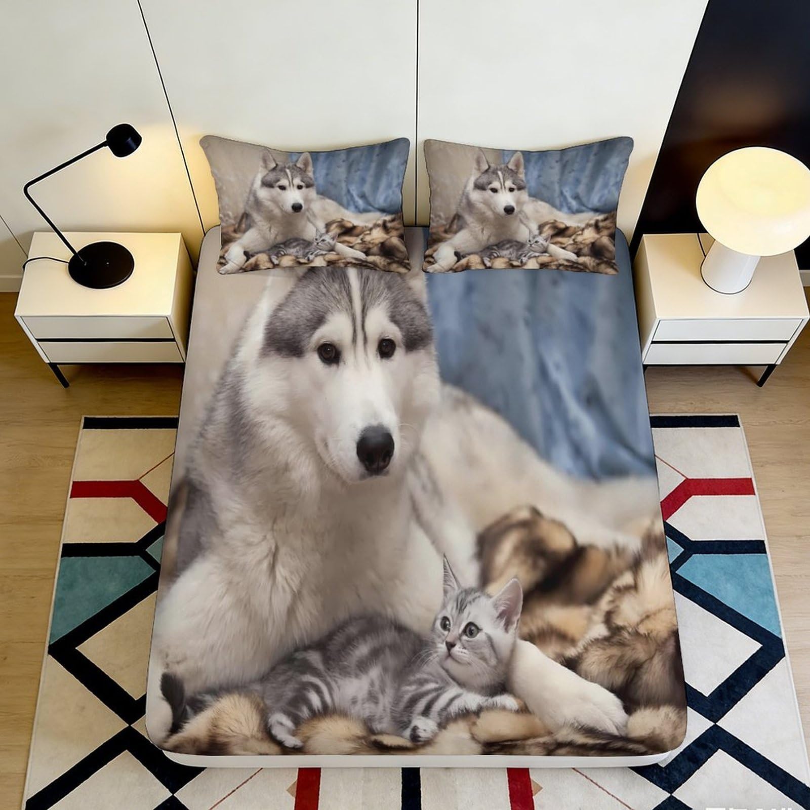 3D Printed Husky Dog Fitted Sheet Microfiber Soft Breathable Cat Animal Mattress Cover for Bedroom Dorm Decor 90x200x25cm