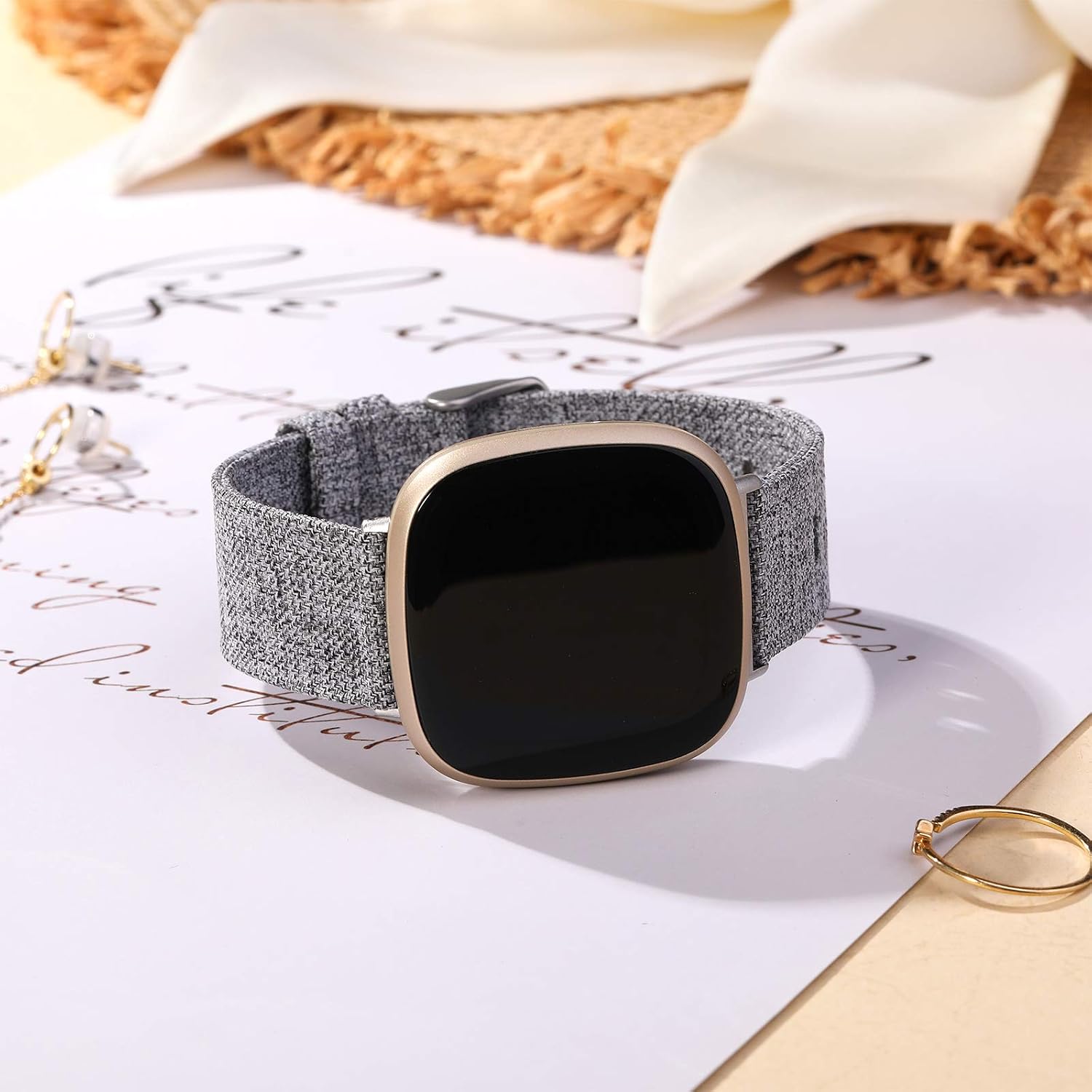 Witzon Woven Fabric Bands Compatible with Fitbit Versa 3 / Fitbit Sense, Breathable Replacement Straps Wristbands for Fitbit Sense/Versa 3 Smartwatch for Women Men, Large, Grey