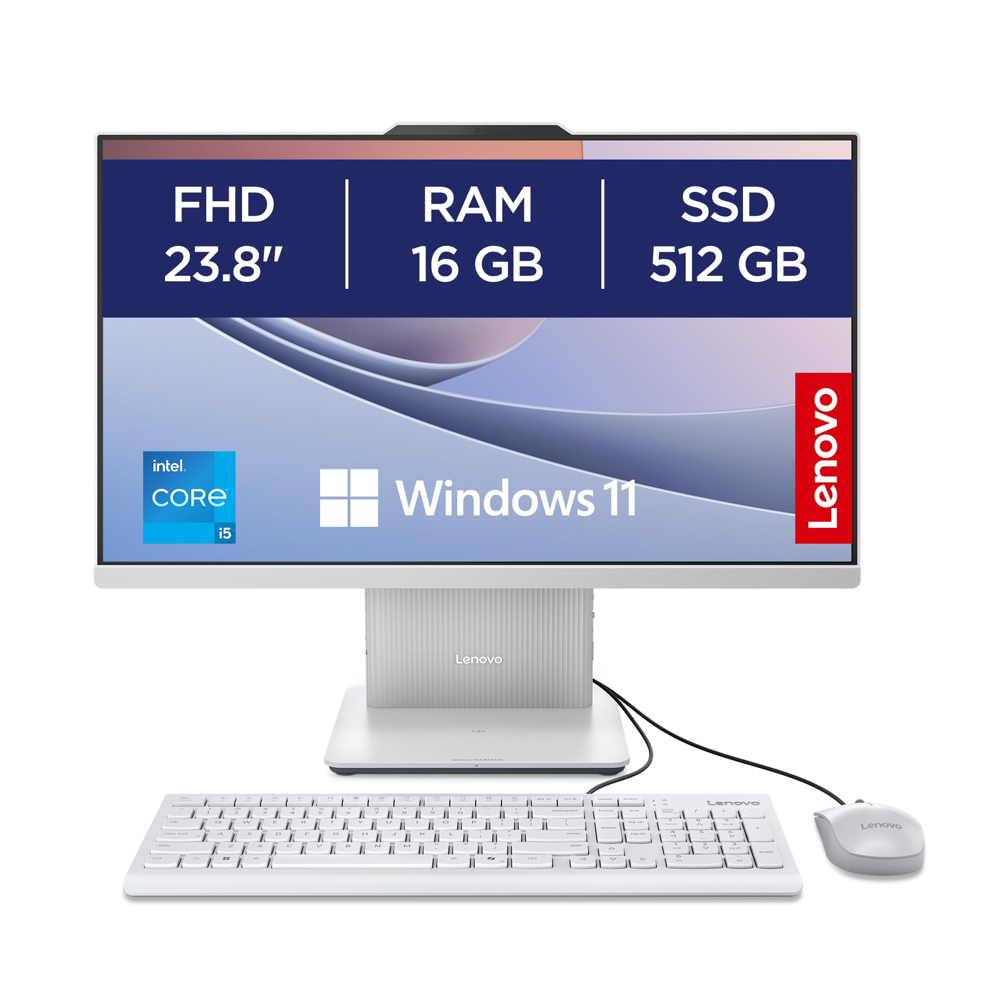 Lenovo IdeaCentre Computer desktop All-In-One, Display 24" FHD, Intel Core i5-13420H, 512GB SSD, RAM 16GB, Base ricarica smartphone wireless, Speakers, WiFi 6, Windows 11 H, Tastiera + Mouse Wireless