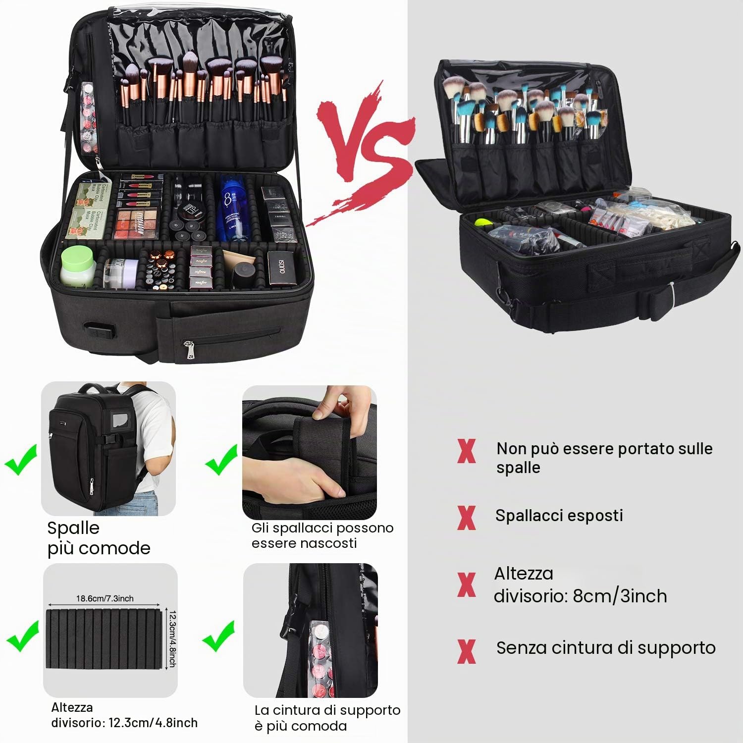 Relavel Borsa per trucco portatile da viaggio, grande organizzatore professionale con cinghia regolabile e separatori
