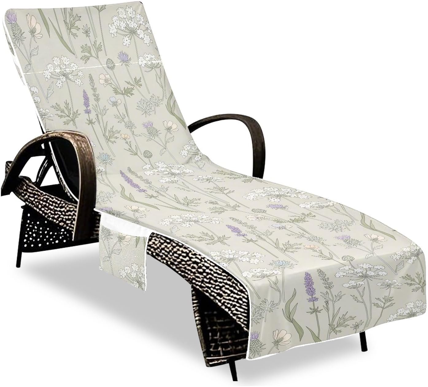 Flowering Plants Lounge Chair Towel Cover with Side Pockets – 85x30in Foldable Chaise Cover for Beach, Pool, Patio, Spa