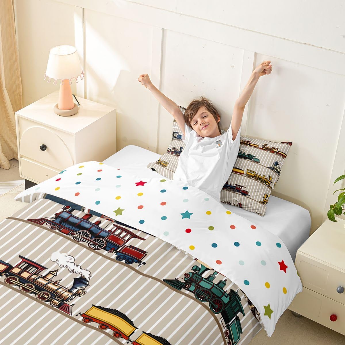 Feelyou Train Duvet Cover King Size Boys Girls Kawaii Steam Engine Bedding Set Breathable Soft Railway Car Vehicles Comforter Cover 3Pcs Travel Locomotive Train Bedroom Decor image 4