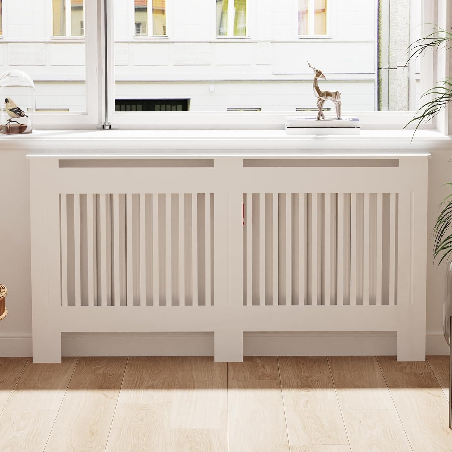 FATIVO Cache-radiateur Haut en Bois MDF - Hauteur Intérieure 100 cm, Grandes Couvertures de Chauffage Blanches à Lattes Verticales, Étagère Moderne