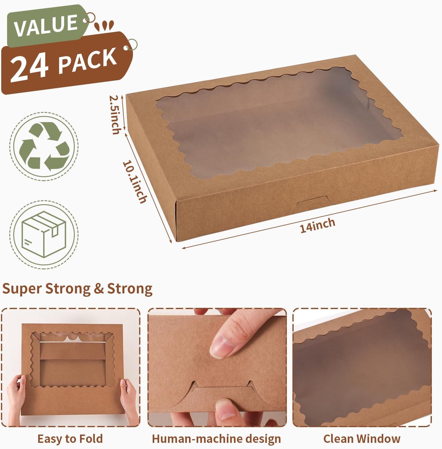 24 pcs Cookie Boxes,14x10x2.5 Inch Large Bakery Boxes with Window for Pies Chocolate Strawberries Muffins Donuts Pastry Dessert Christmas(Brown) (Brown, 14 * 10 * 2.5inch/24pcs) - Image 2