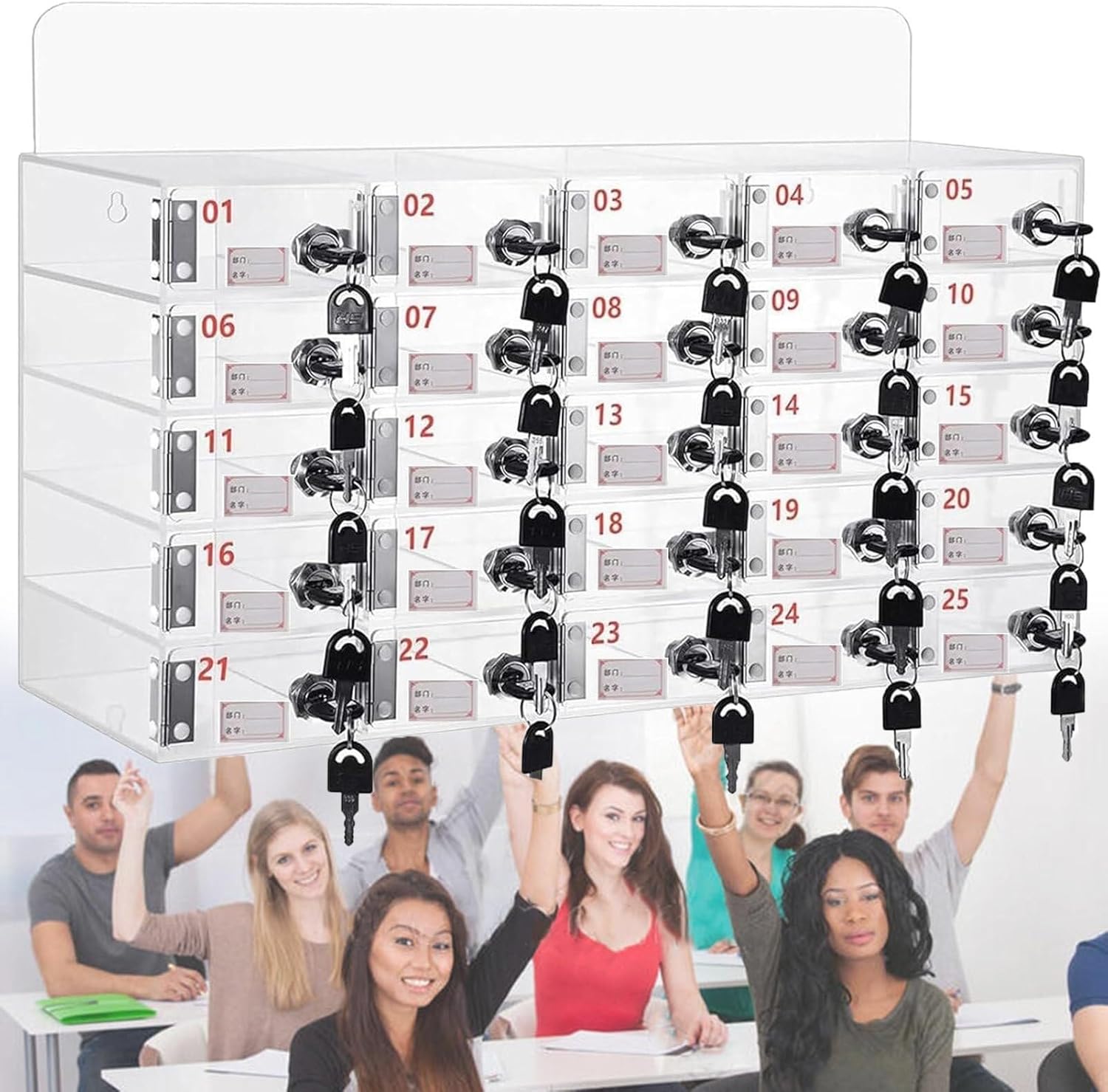 Mobile Phone Storage Box Transparent Acrylic Mobile Phone Security Locker with Key,Wall-Mounted Cell Phone Locker Box for Classroom & Office - 25 Slot Clear Storage Cabinet for School, Facto