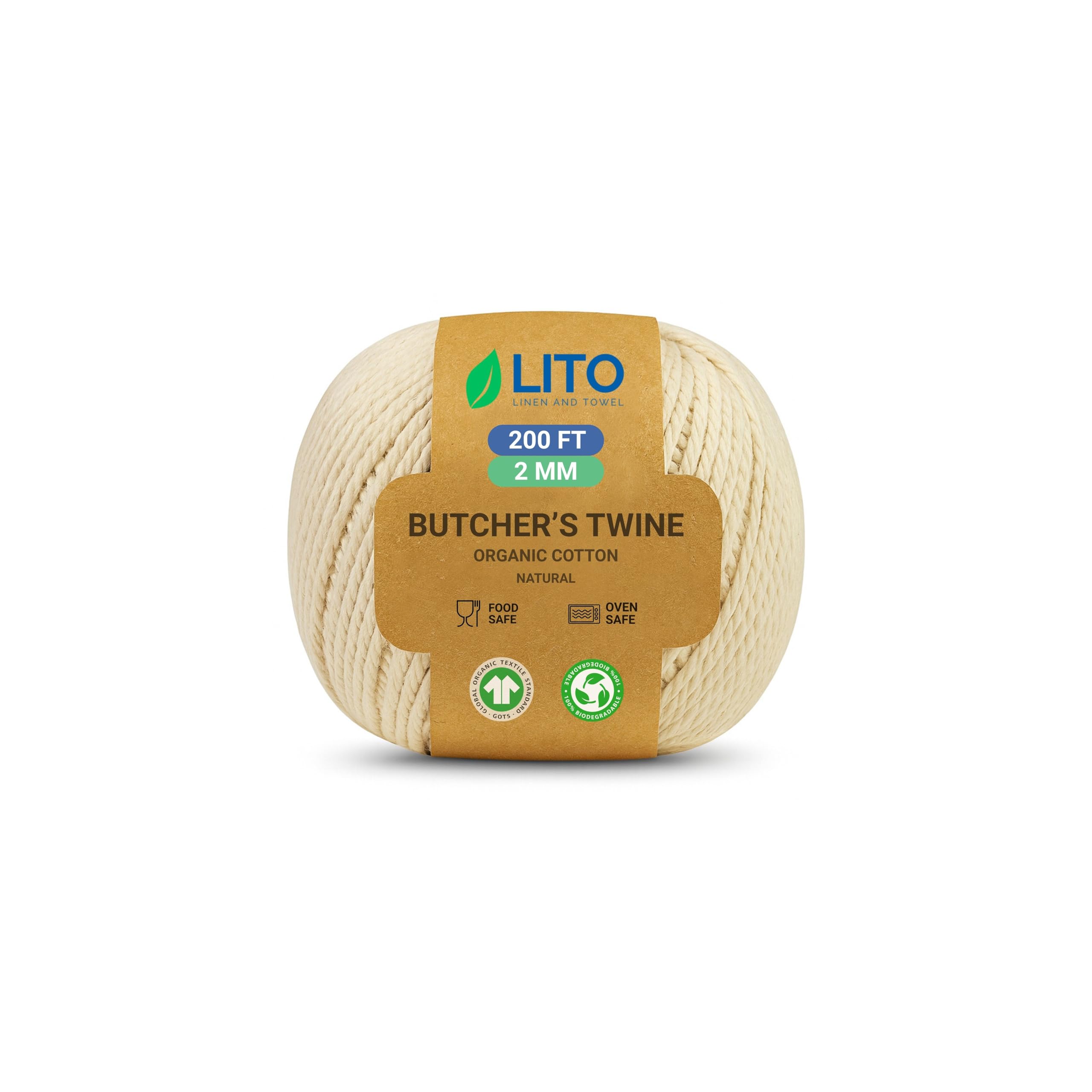 Organic Butchers Twine for Cooking & Trussing  2mm Heavy-Duty Natural Cotton Kitchen Twine 200 Feet  Food-Safe, Oven-Safe String for Meat, Turkey, Baking, & Crafts Natural 16 PLY- 200 FEET- Pack of 1