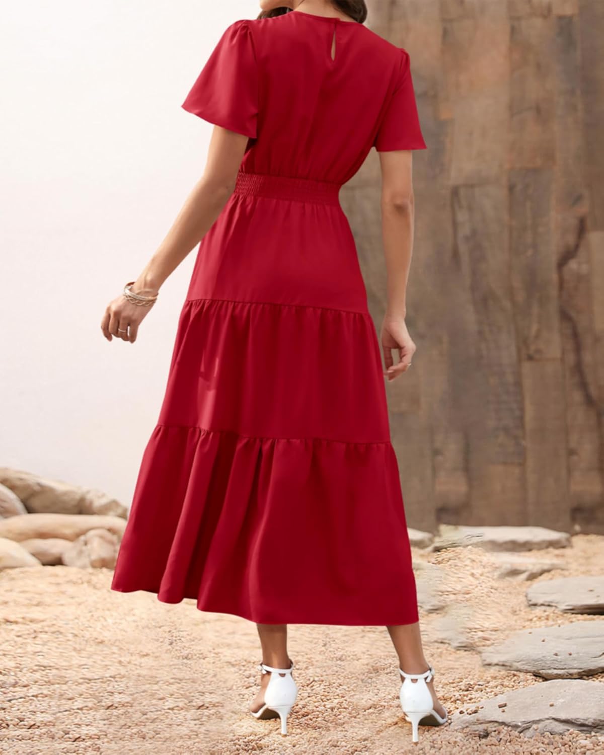 PRETTYGARDEN Women's Summer Casual Short Flutter Sleeve Round Neck Smocked Waist Tiered Boho Floral Flowy Maxi Dress - Image 5