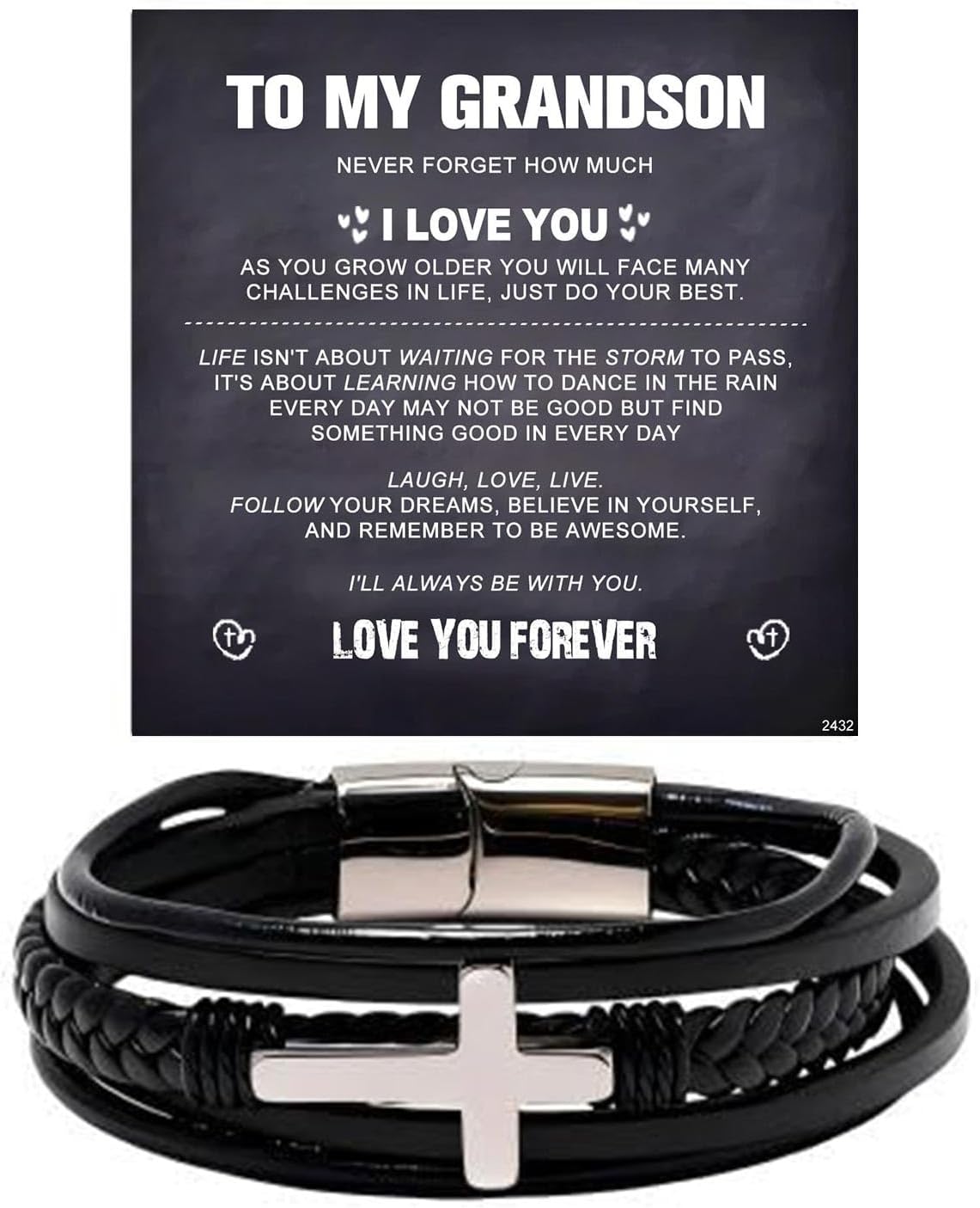 ziella To My Grandson Cross Leather Bracelet,Personalized Engraved Name Custome Gifts for Men Son Husband Dad Bracelet On Father's Day Christmas Birthday
