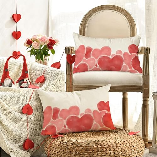 Miniatura 5 de RABUSOFA Fundas de almohada de San Valentín de 12 x 20 pulgadas, almohadas de corazón rojo y rosa acuarela, almohada decorativa blanca, aniversario,