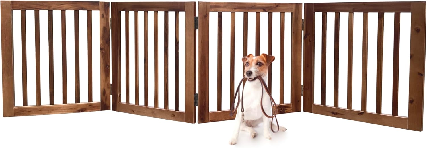 TabaGo Acacia Wood 4-Panel Freestanding Pet Gate – Retractable Folding Indoor Dog Fence, Modern Wooden Barrier for Doorways, Stairs & Hallways (24” Height, Expands to 80”)