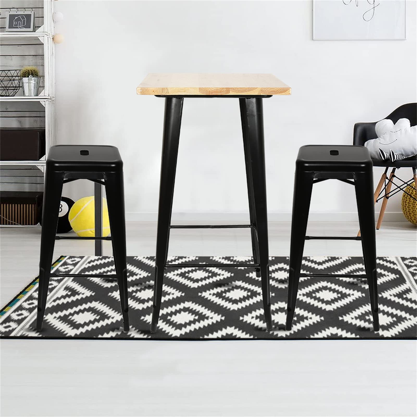Baiyun Lot de 8 tabourets de bar en métal - En fer industriel - Empilables - Avec repose-pieds - Style rétro - Pour salle à manger, balcon, bistrot - 76 cm - Noir