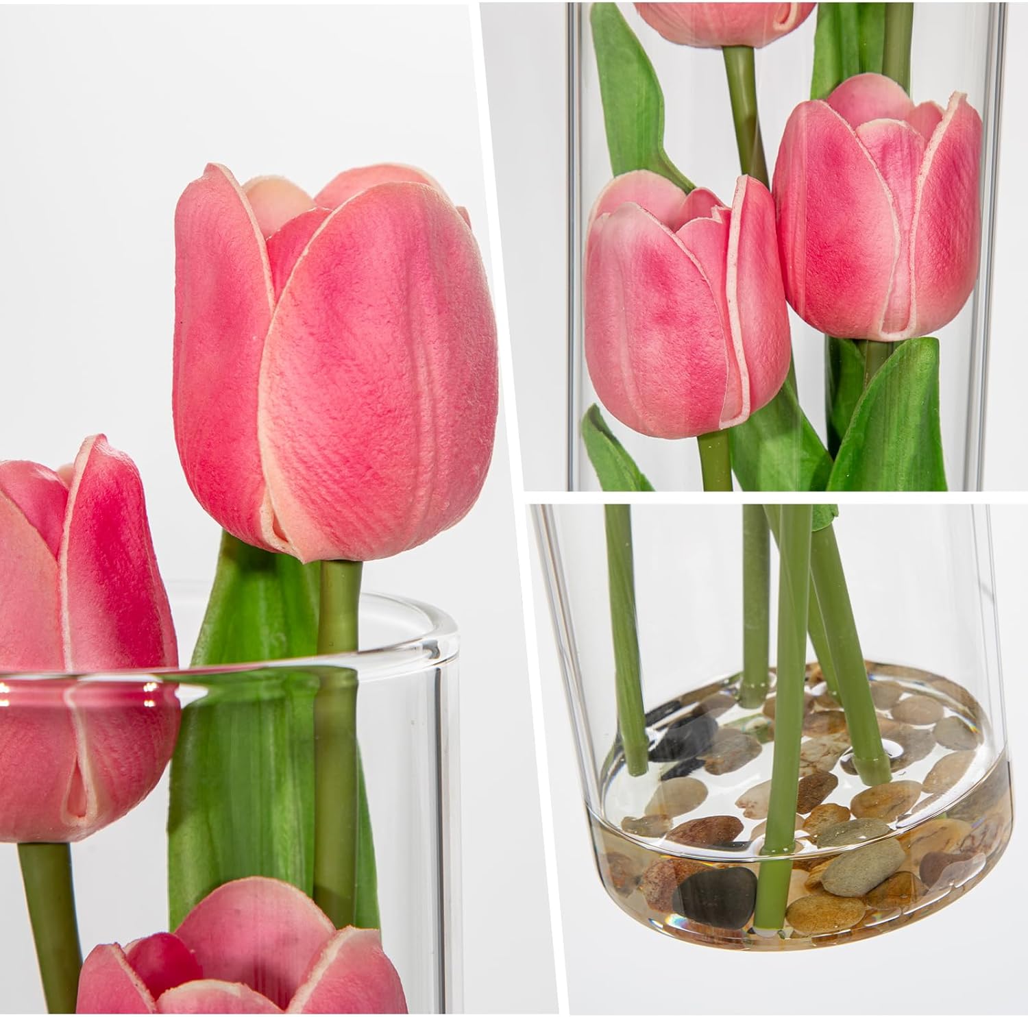 DILATATA Artificial Tulips in Clear Cylinder Vase Faux PU Tulip Wedding Centerpiece Fake Tulips in Cylinders Pink Tulip Centerpieces for Home Office Table Shelf Decor-2Pcs