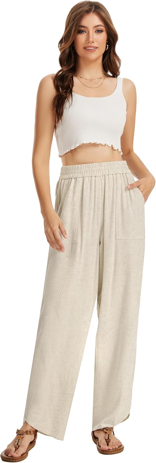 Womens Baggy Wide Leg Linen Pants Casual Elastic Waisted Palazzo Harem Pants Flowy Cropped Beach Trousers