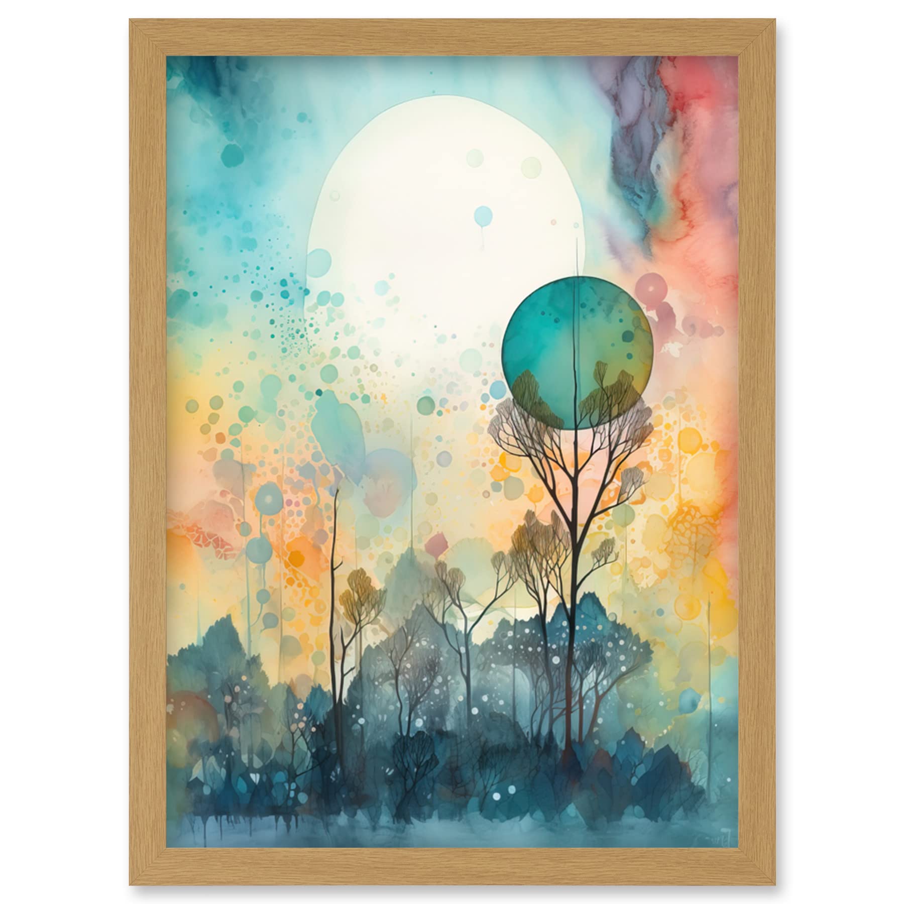 Artery8 Winter Forest Landscape Dreamland Partial Sun Eclipse and Snowfall over Trees Modern Watercolour Artwork Framed Wall Art Print A4