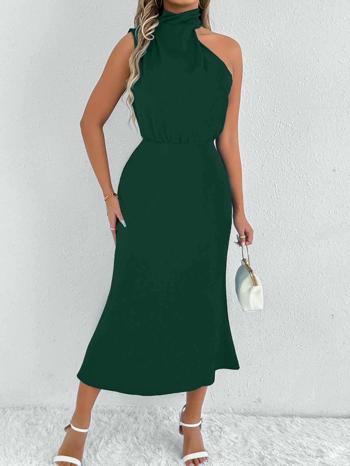 Abiti Abito Midi di Seta da Donna, Elegante Vestito Sexy per Matrimoni con Arrotolato Drappeggiato -Verde-XS