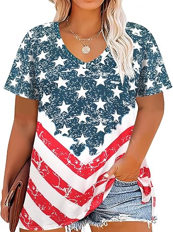 CARCOS Womens Plus Size Tops Basic Summer Shirts Short Sleeve V Neck Tunics Casual T-Shirt Loose Fits XL-5XL