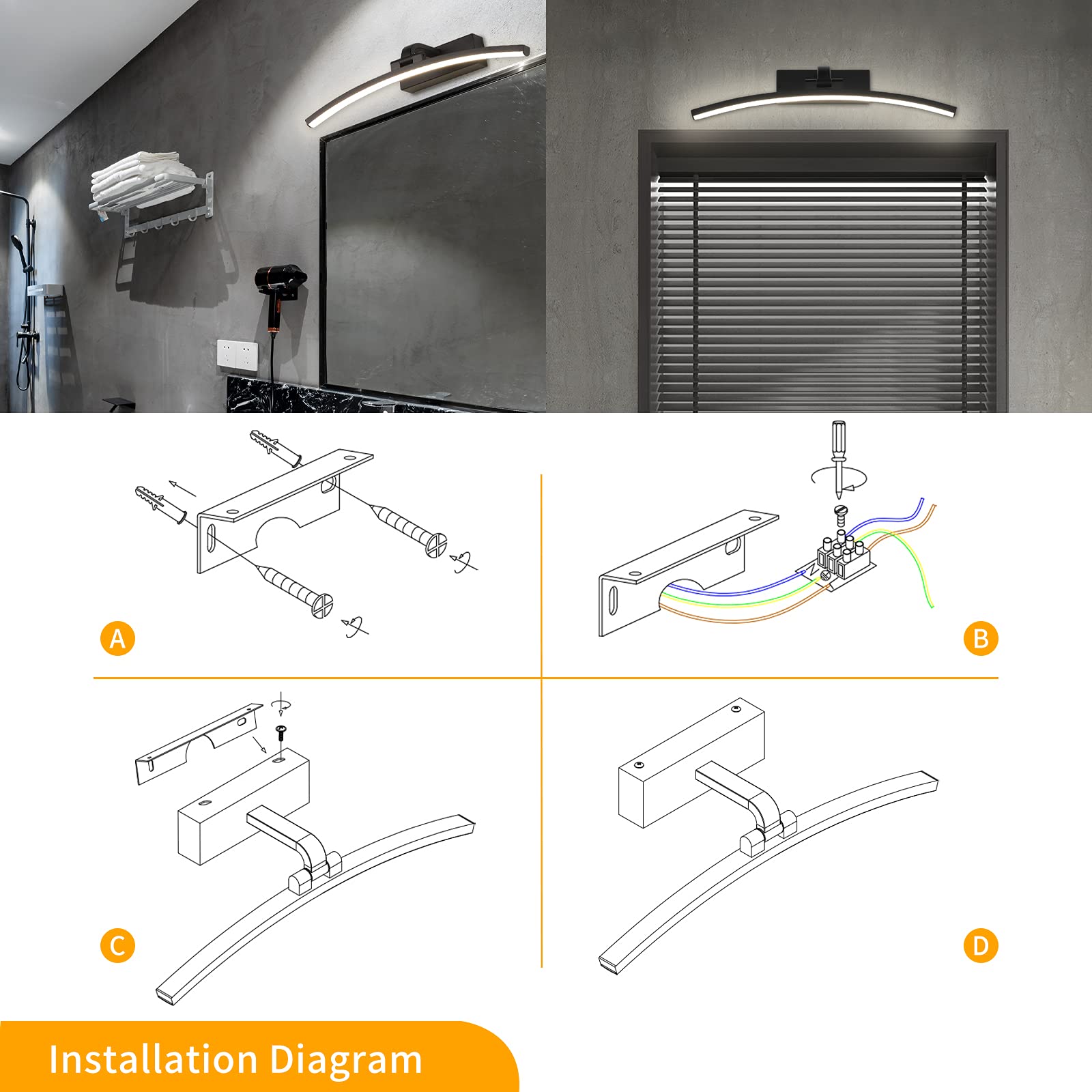 Luz de espejo LED 8 W 640 lúmenes, lámpara de espejo de baño negro blanco neutro 4000 K, luz de baño IP44 impermeable sin parpadeo 230 V para, longitud del producto: 40 cm