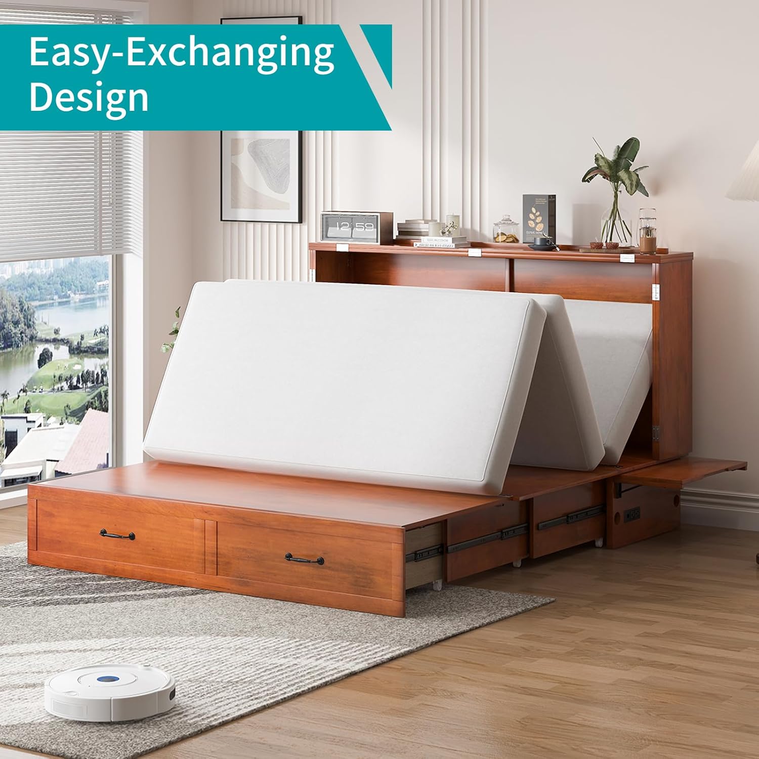 BALUS Murphy Bed, Queen Cabinet Bed with Tri-fold Mattress, USB Charging Station, Storage Drawers, Wood Murphy Cabinet Beds, Space Saving, Easily Convertible for Livingroom, Bedroom Cherry