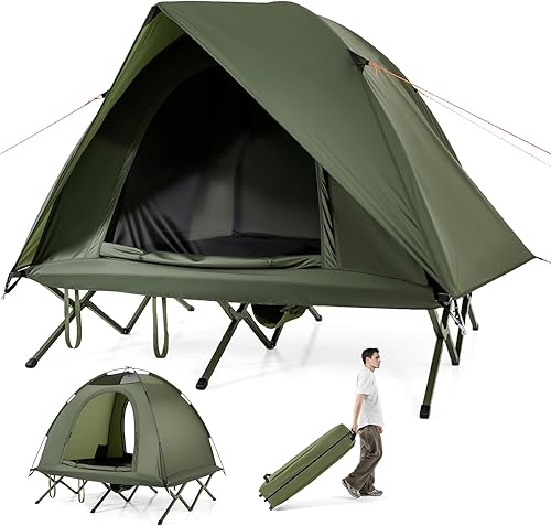 Miniatura 10 de GYMAX Catre Tienda para 2 Personas, Combo de Cama Catre Plegable Elevado del Suelo 3 en 1 con Bolsa Portátil con Ruedas, Toldo Impermeable, 2