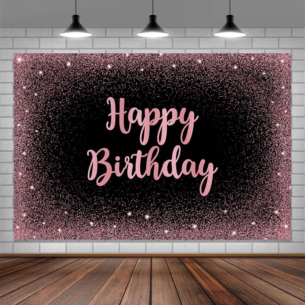10X10ft Happy Birthday Photo Backdrop Photography Background for Girls Women, Pink Black Shining Dot Glitter Sparkle Banner Backdrops Photo Booth Prop