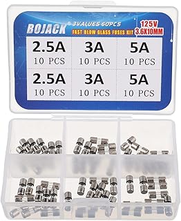BOJACK Christmas Light Fuses Fast-Blow Glass Fuses Assortment Kit 3.6x10mm Mini Fuse 125V 2.5 3 5A amp Fuses packag in a Clear Plastic Box