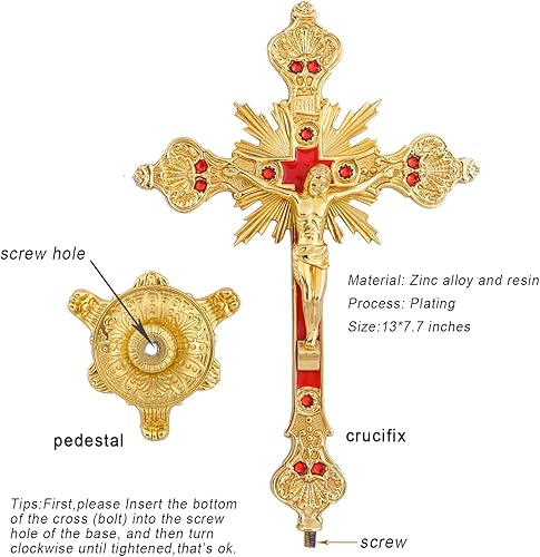 Miniatura 4 de Crucifijo de pie con base de 12.5 pulgadas, cruz católica de Jesús de metal para decoración de capilla del hogar y regalos religiosos, dorado