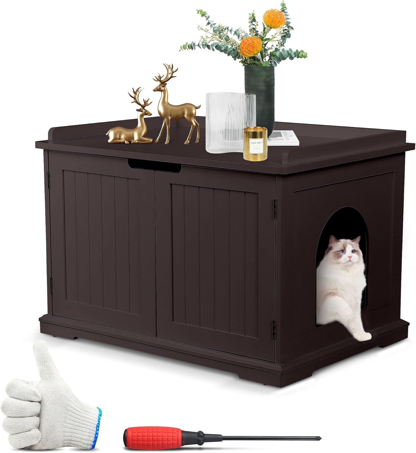 Hidden Litter Box Enclosure - Stylish and Decorative Cat Box Furniture with Adjustable Divider,Sturdy Structure-Cat Litter Box Furniture Hidden Perfect for Cats, Elegant Espresso