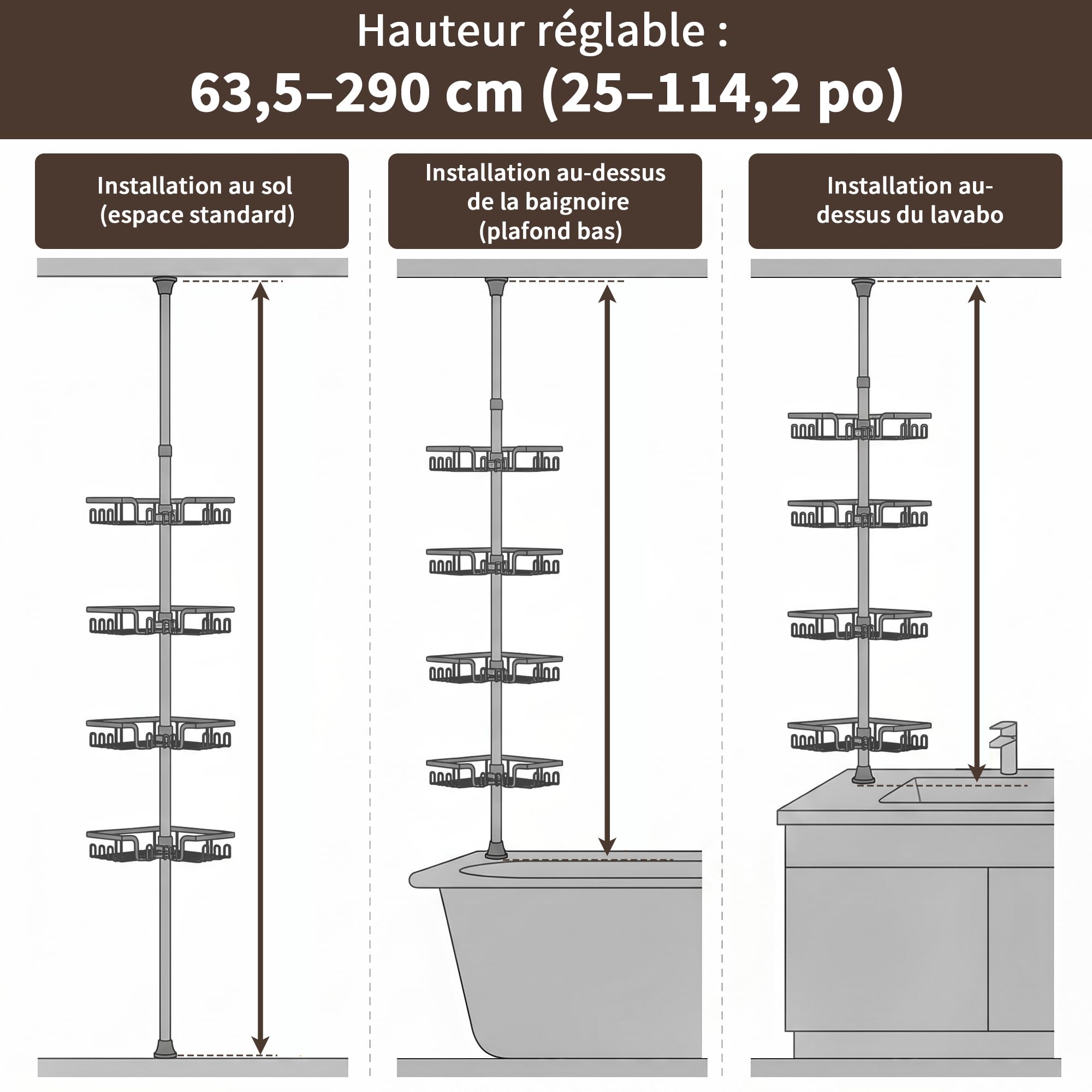 KEGII Etagere Douche Telescopique - Etagere Douche Angle Etagere Angle Salle de Bain Etagere de Douche Sans Percage Support Savon Crochet Douche(Noir, Inox)