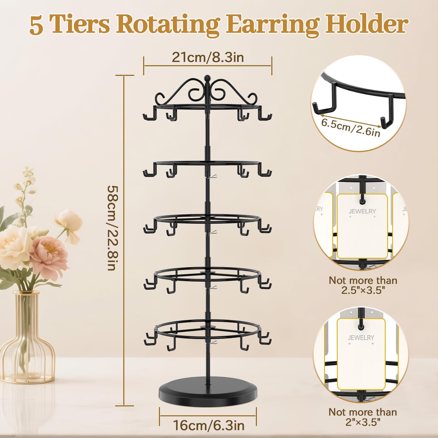 MODOWEY Earring Card Display Stand for Vendors, 50 Hooks Metal Rotating Organizer Rack Holder, 5 Tier Adjustable Jewelry Tree for Stud Pierced Dangle Selling, Boost Sales Compact Earing Hanger, Black