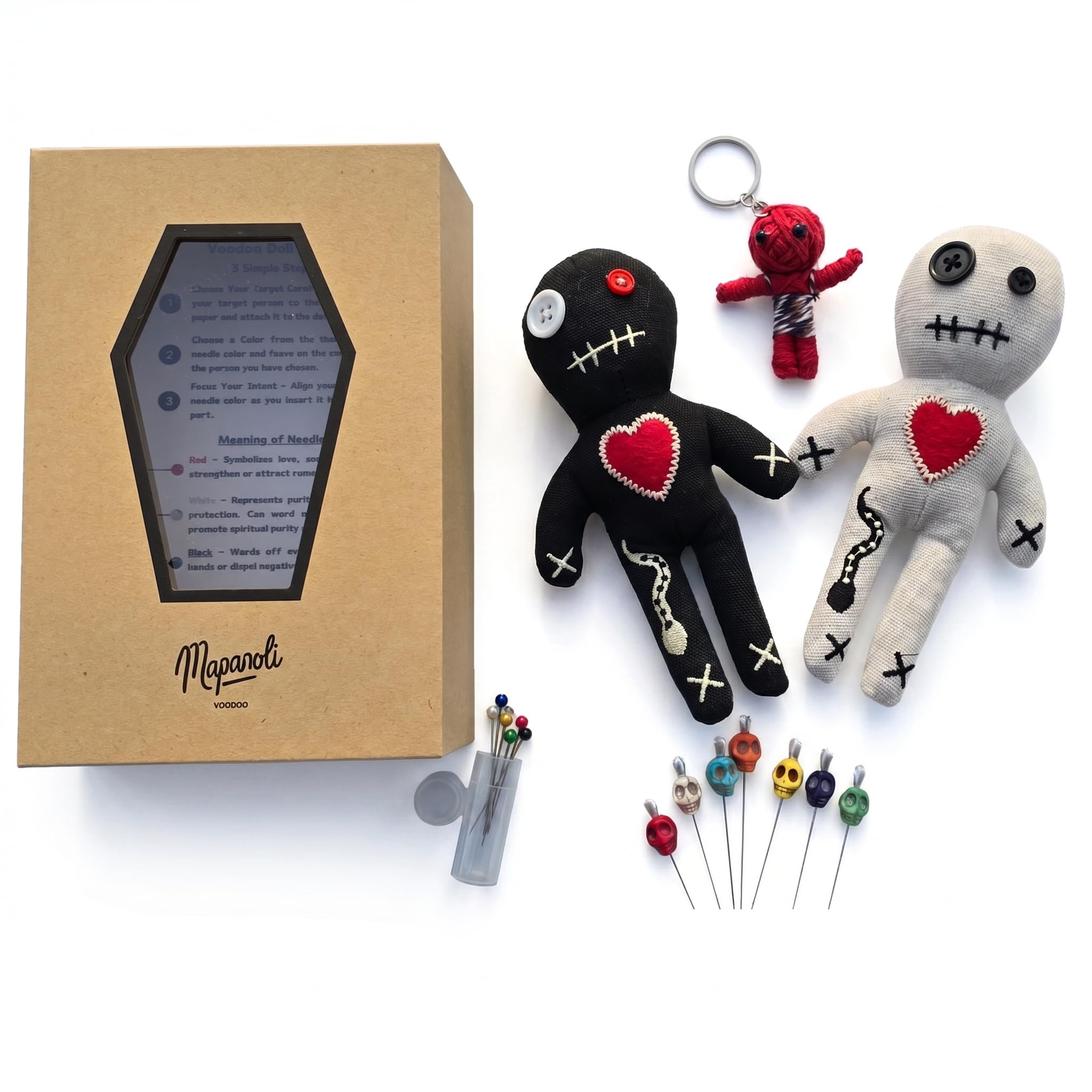 Mapanoli Voodoo Puppen Set XL – Schwarz & Weiß mit Nadeln, Totenkopf-Nadeln und Schlüsselanhänger – Humorvolles Deko- und Geschenkset