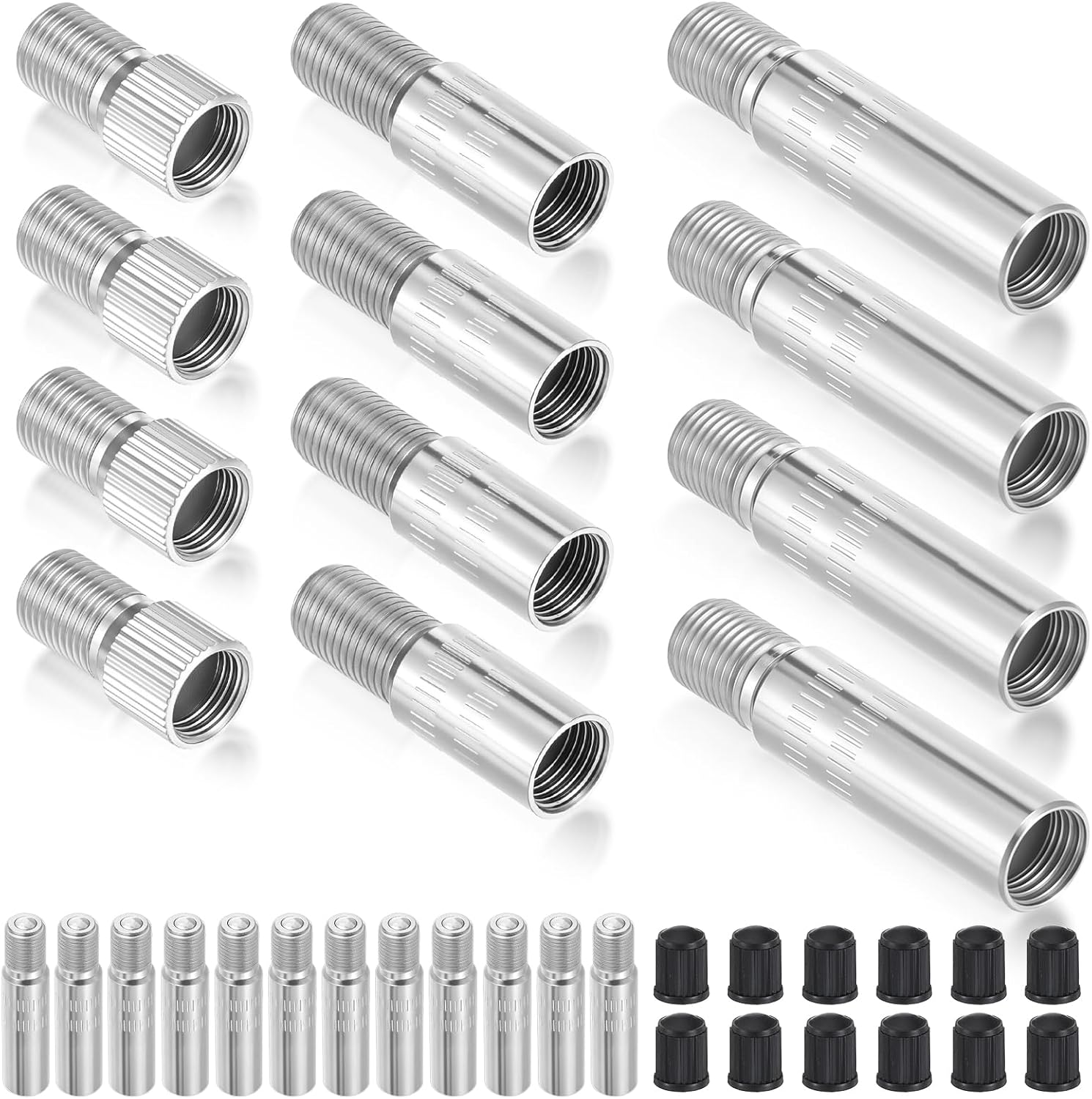 12 PCS Valve Stem Extension Kit, 19/27/39mm Tire Valve Extension, Stainless Steel and Abs Tire Valve Extenders for Cars, Motorcycles, Trucks, Inflation Andpressure Check (Silver, Black)