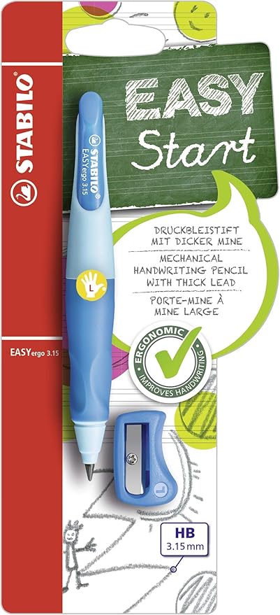 STABILO – Ergonomischer Druck-Bleistift für Linkshänder – EASYergo 3.15 in hellblau/dunkelblau – inkl. 1 dicken Mine – Härtegrad HB & Spitzer – Blister