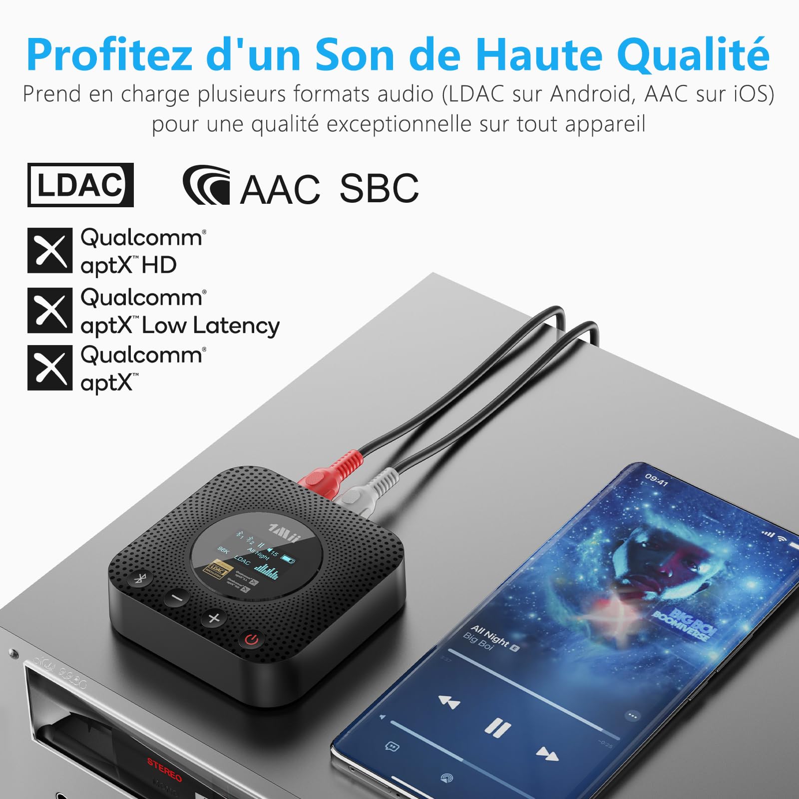 1Mii B06HD+ Recepteur Bluetooth 5.3 LDAC Adaptateur Bluetooth | pour Chaine Hi-Fi avec Contrôle du Volume sur Écran OLED, DAC Audiophile Intégré, and aptX Faible Latence