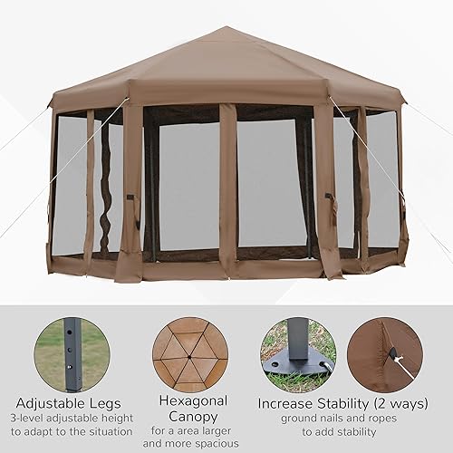 Miniatura 4 de Outsunny Cenador desplegable hexagonal de 13 x 11 pies, tienda de campaña resistente para exteriores con 6 redes de pared lateral de malla, altura