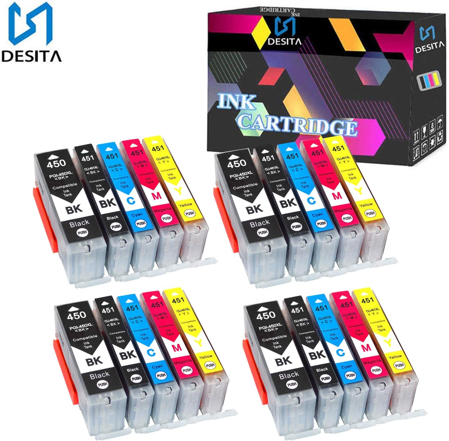 S DESITA 450 451 Ink Cartridges Replacement for Canon PGI-450 CLI-451 Compatible with PGI450 CLI451 PIXMA MG5440 / MG5540/MG6340/MG644/ MG7140/IP7240 (BK/BK/C/M/Y) 20 Pack