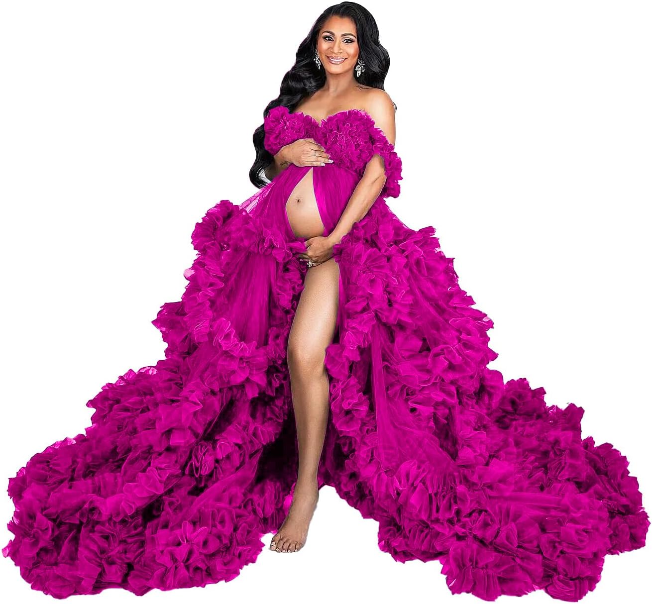 Ruffled Off Shoulder Tulle Robe Maternity Dresses for Photoshoot Long Baby Shower Dress Pregnancy Gowns