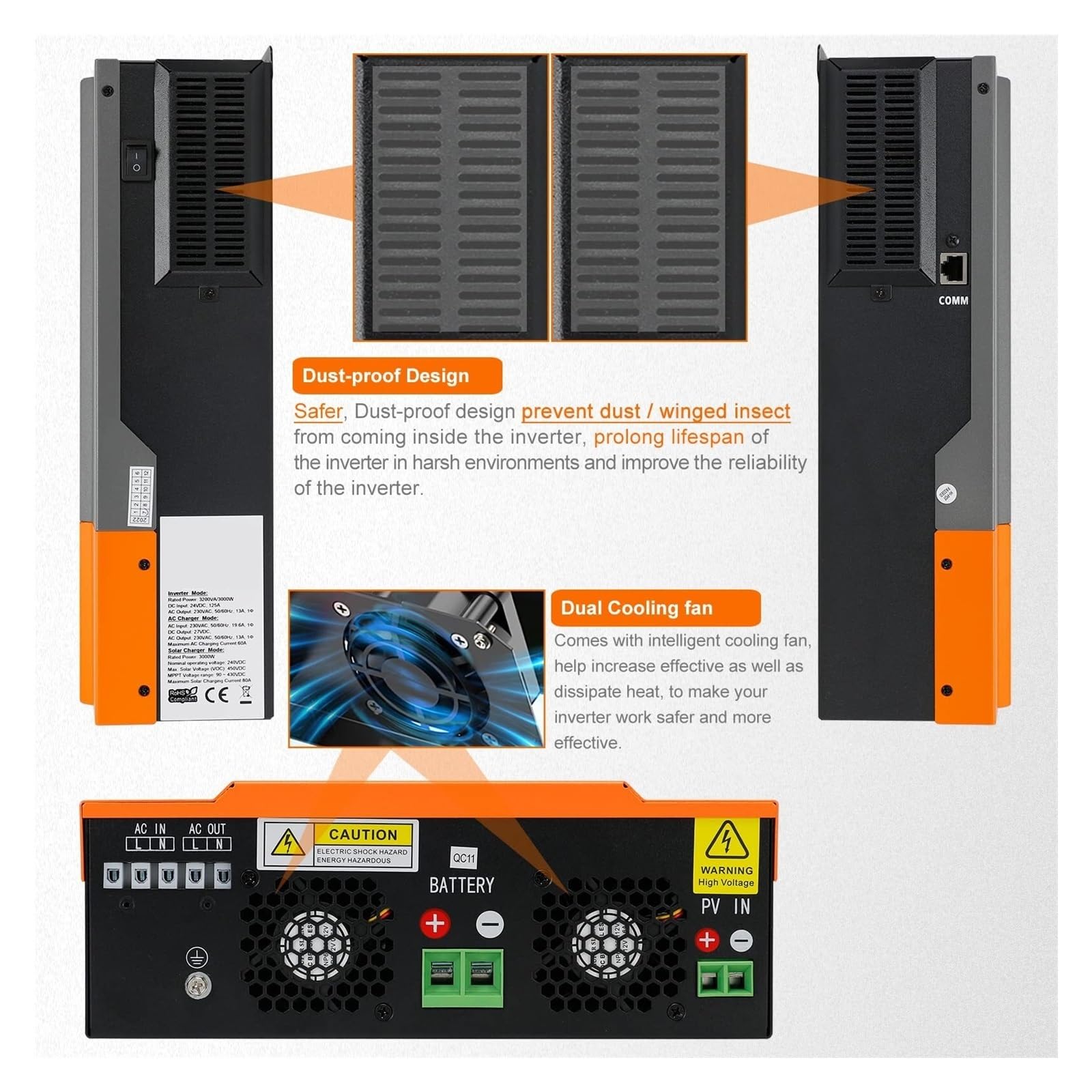 Hybrydowy Falownik Solarny 24V 12V Czysta Fala Sinusoidalna Przetwornica MPPT 80A 230V Konwerter Napięcia Off Grid Max PV 450V 1.5KW 2KW 3KW OszczęDność KosztóW(1.5KW 12V With WIFI)