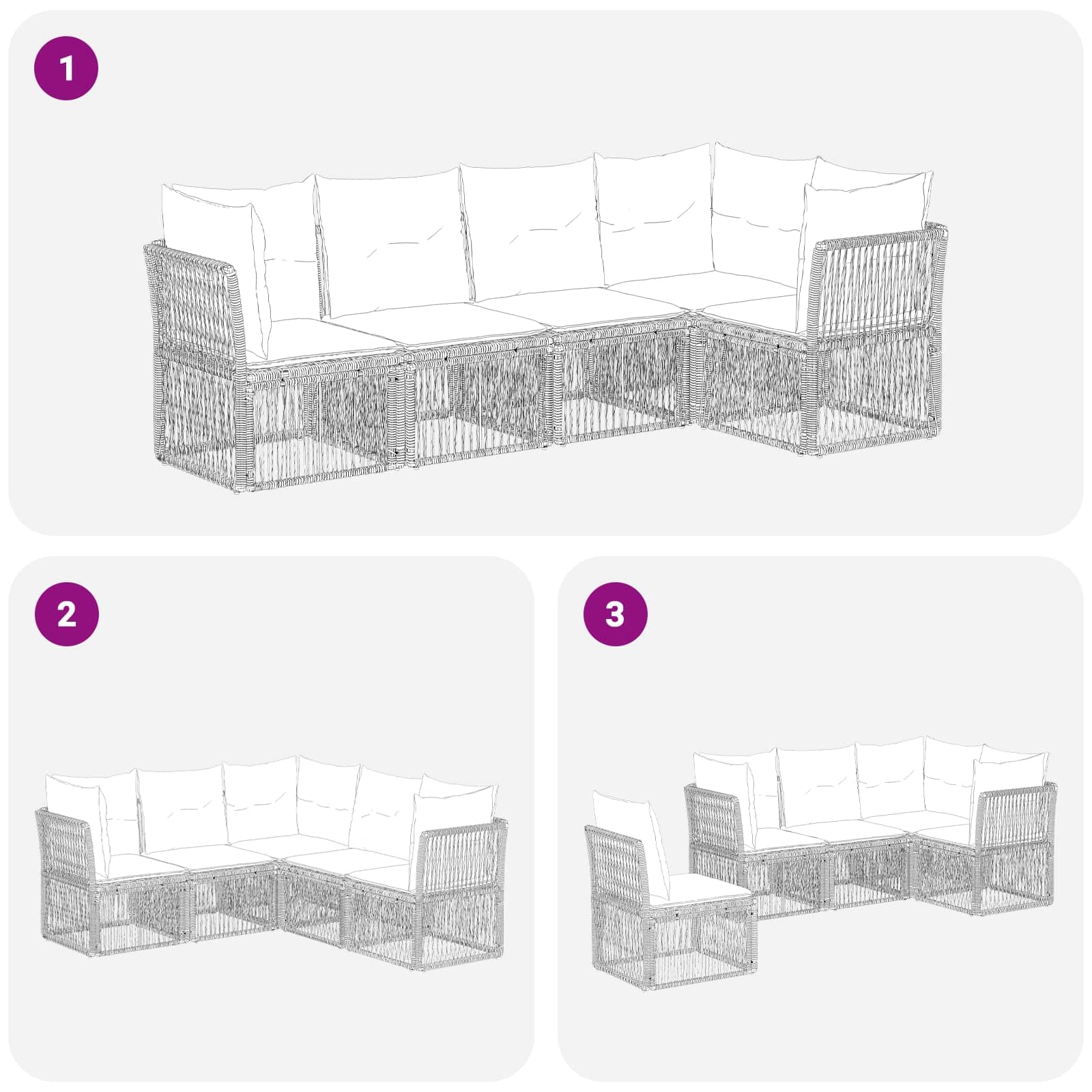 Ensemble canapé de Jardin 5 pièces Gris en polyrotin avec Structure Acier Enduit de Poudre, assises modulables pour terrasse Balcon, Coussins Inclus