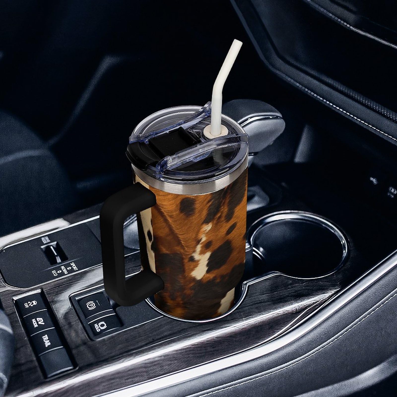 Autobecher aus 304 Edelstahl, abstraktes Kuhhaut-Becher mit Strohhalm und auslaufsicherem Deckel, großes Fassungsvermögen, vakuumisolierter Reisebecher für Auto-Becherhalter, 1,2 l