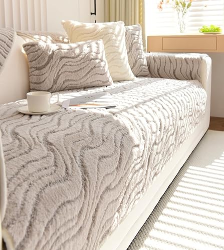 Miniatura 5 de vctops Funda de piel sintética de conejo para sofá, funda geométrica de felpa mullida para sofá seccional, antideslizante, suave y cálida, protector