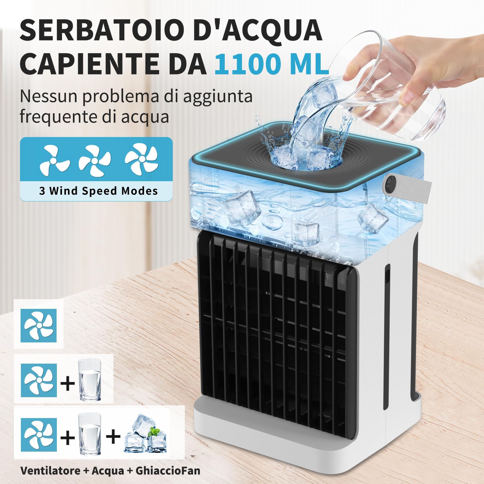 YFFU Condizionatore Portatile con Telecomando,1100ml Doppio Motore e Ventola Mini Climatizzatore,Timer 2-8, 3 velocità 3 Nebulizzazione,Ventilatore Aria Fredda per Casa Ufficio,Argento Bianca - 4