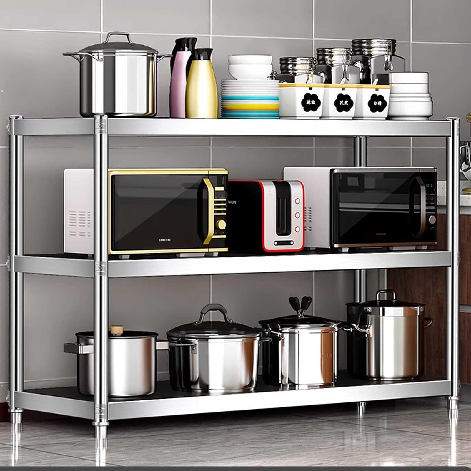 Scaffale da cucina a 3 ripiani in acciaio inox resistente, regolabile in altezza, multiuso, in metallo, per dispensa e microonde, durevole (90 x 35 x 80 cm)