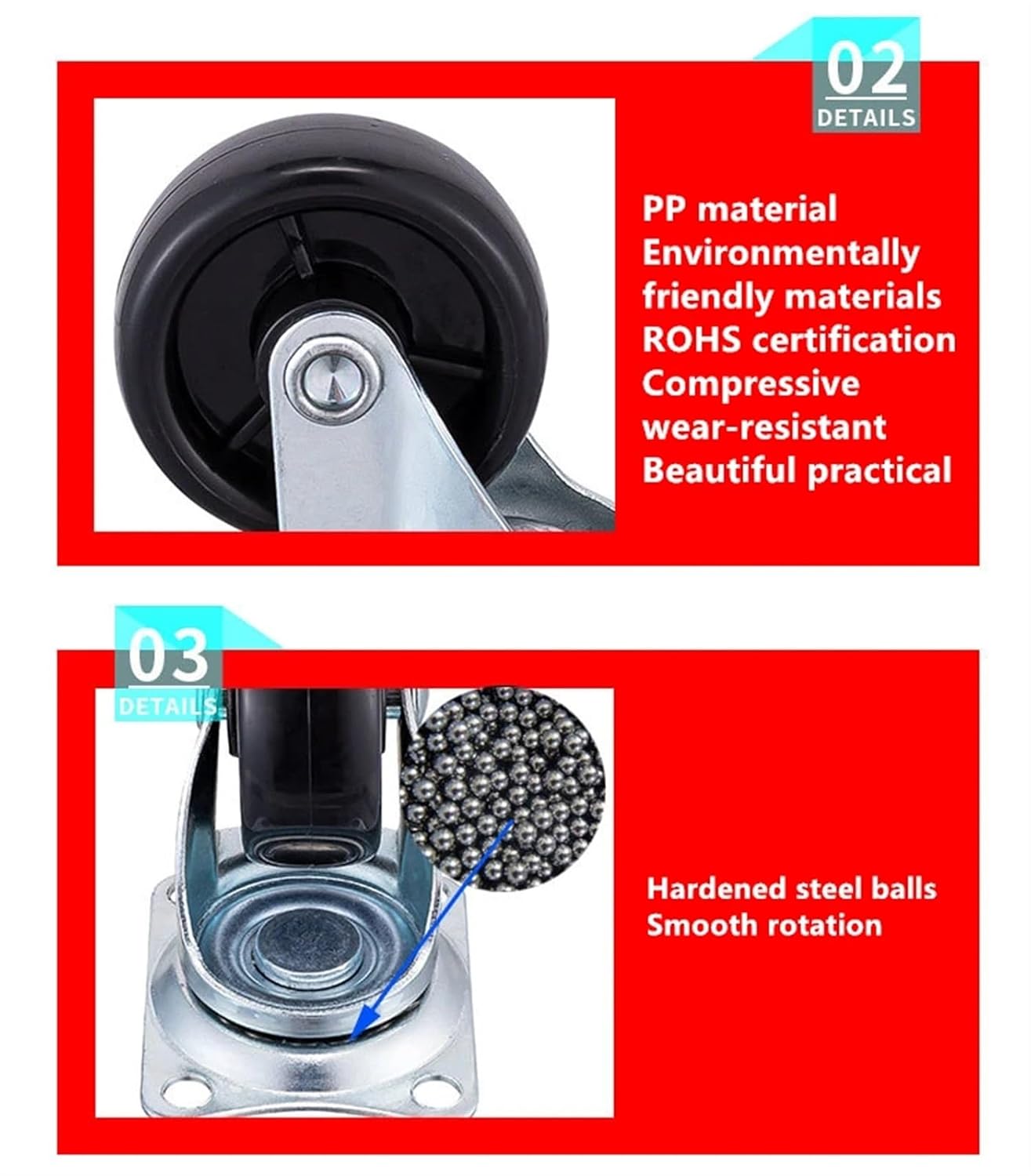 4 Pcs/Lot Lightweight Black PP Universal Wheels M8 Screw Casters Display Shelves Storage Racks Small Carts(Brake,1 Inch)