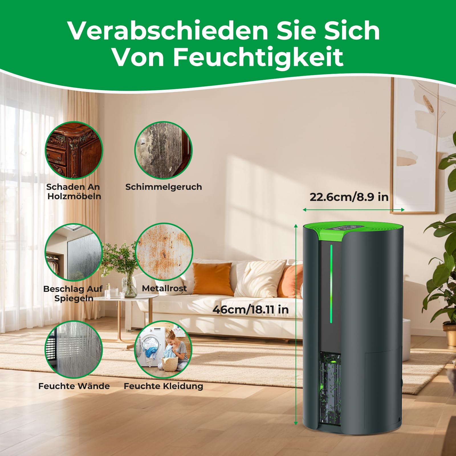 Evaporative Luftentfeuchter 16L/24H mit Waschetrockner & Luftreiniger, Funktioniert auch bei -15°C, mit Ablaufschlauch, 100m² Abdeckung für Keller, Bad, Schlafzimmer, Küche