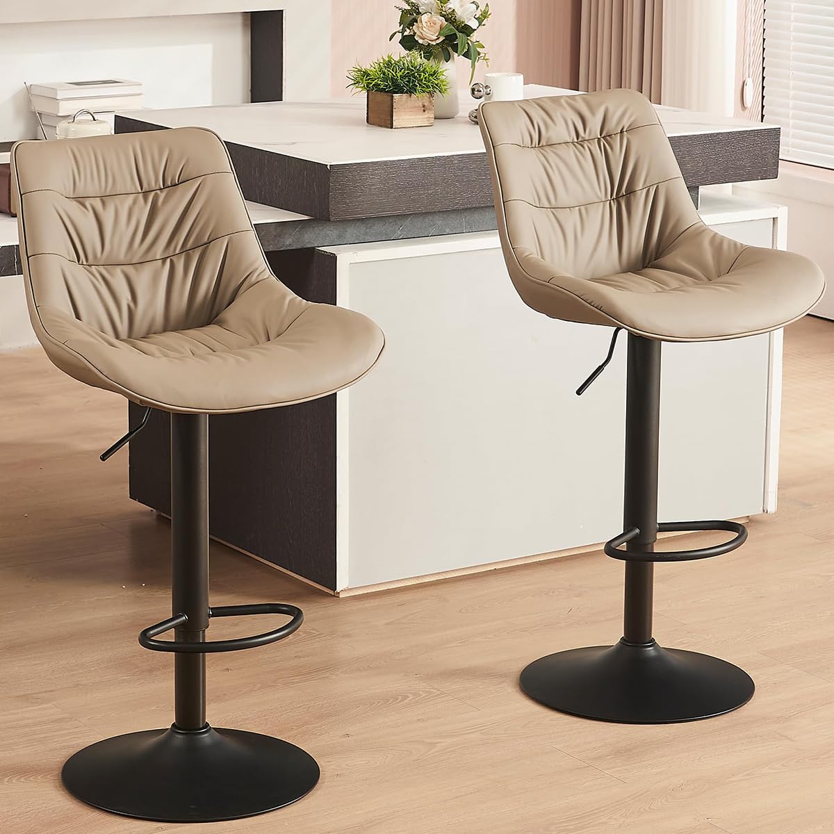 Kidol & Shellder Adjustable Swivel Bar Stools Set of 2 Khaki Faux Leather Counter Height Stools with Back Modern Upholstered Metal Base Barstools for