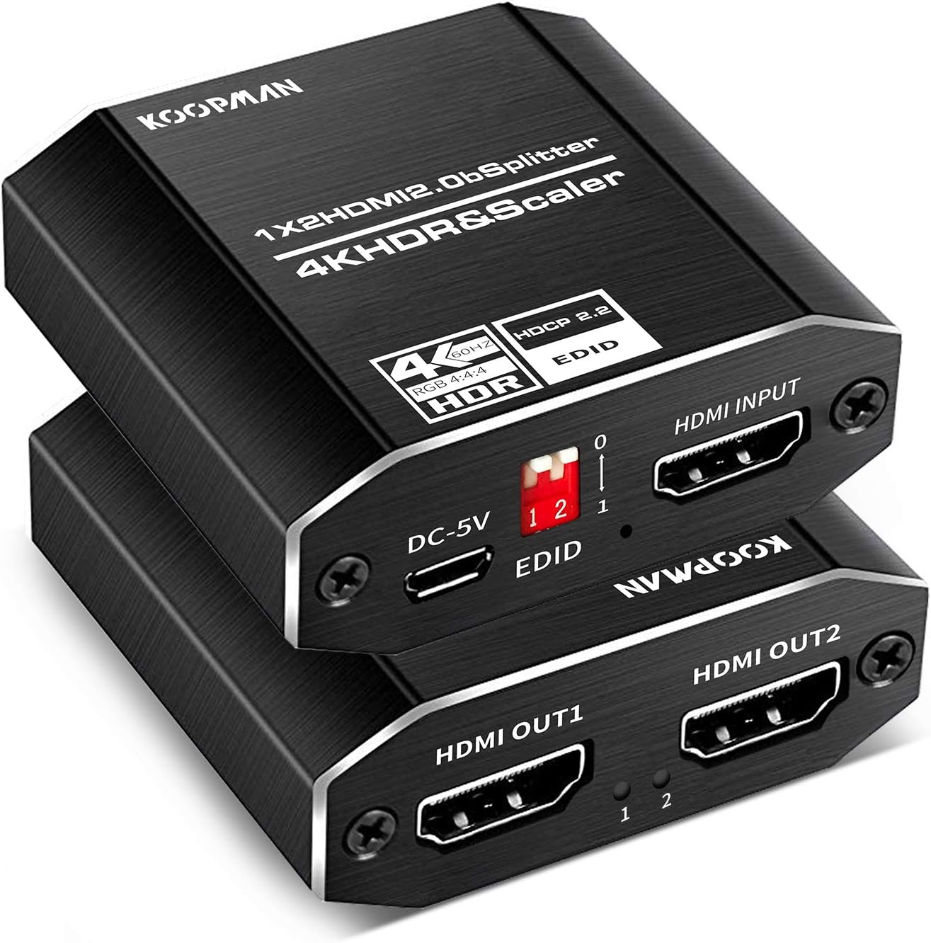 HDMI Splitter 1 in 2 Out, Koopman 4k Aluminum 1x2 HDMI 2.0 Splitter, HDMI Video Splitter Supports HDCP2.2 4k@60Hz RGB4:4:4 3D EDID, Dolby Atmos/DTS-HD/Dolby-TrueHD/LPCM7.1/ DTS/Dolby-AC3 /DSD