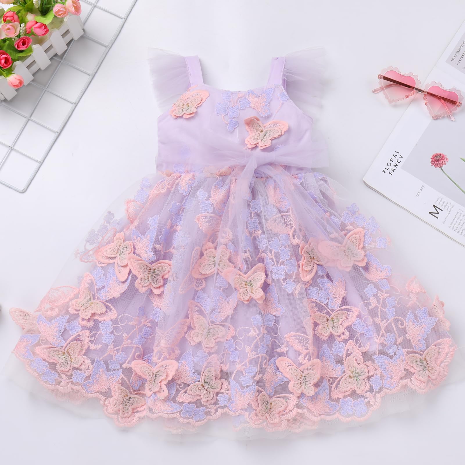FYMNSI Robe de fête d'anniversaire pour bébé fille - Motif papillon - Sans manches - Tulle - Princesse - Robe de soirée
