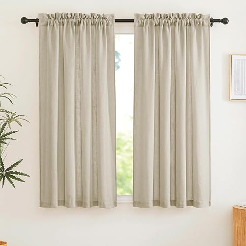 RYB HOME Semi Sheer Curtains 63 inches Long, Half Privacy Linen Textured Living Room Bedroom Curtains, Farmhouse Boho Curtains for Kitchen, Beige, W 52 x L 63 inch Long, 1 Pair